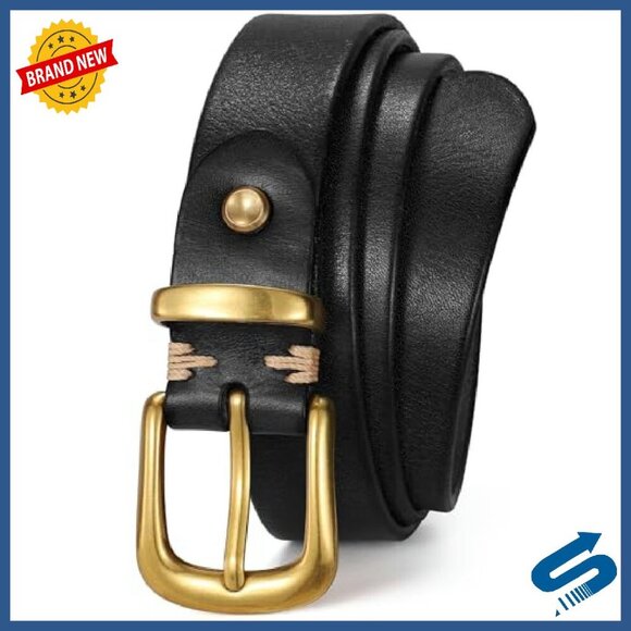 Full Grain Leather Belt with Gold Buckle, 9-Hole Adjustable, 1.1\